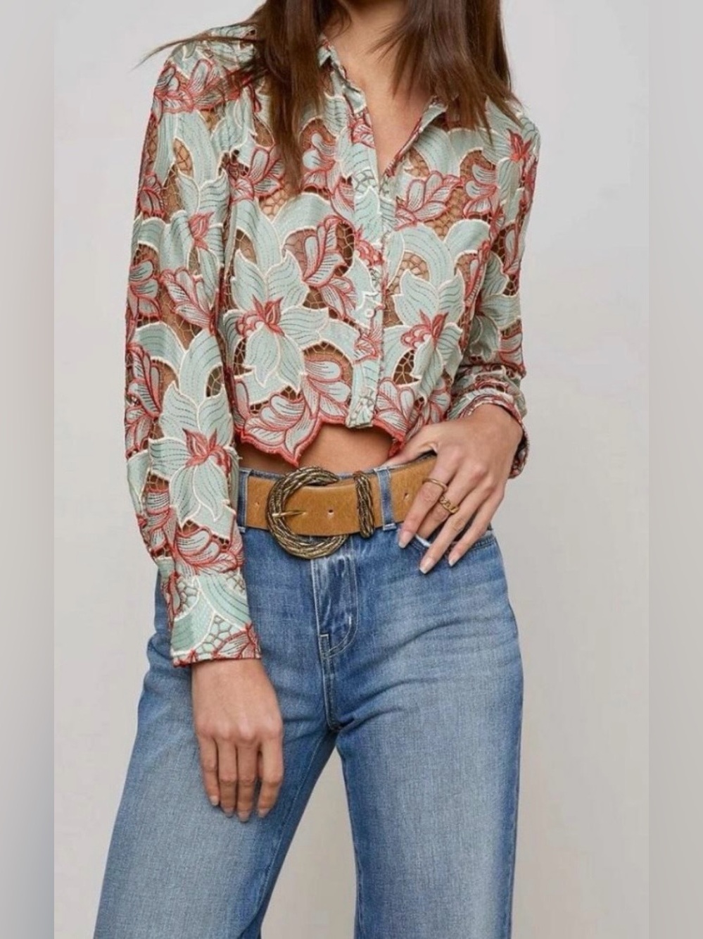 NWT- L’AGENCE Akemi Cropped Lace Blouse Multi-Colored Eyelet - XS